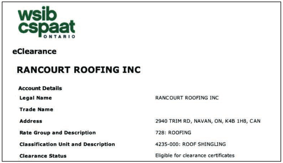 Rancourt Roofing certificate of WSIB clearance