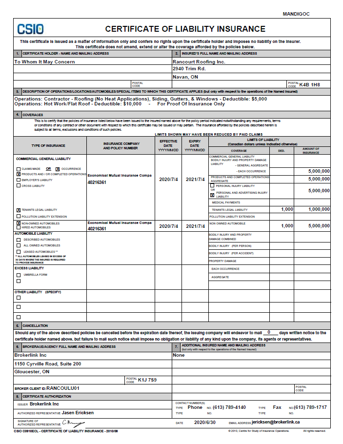 Rancourt Roofing certificate of liability insurance